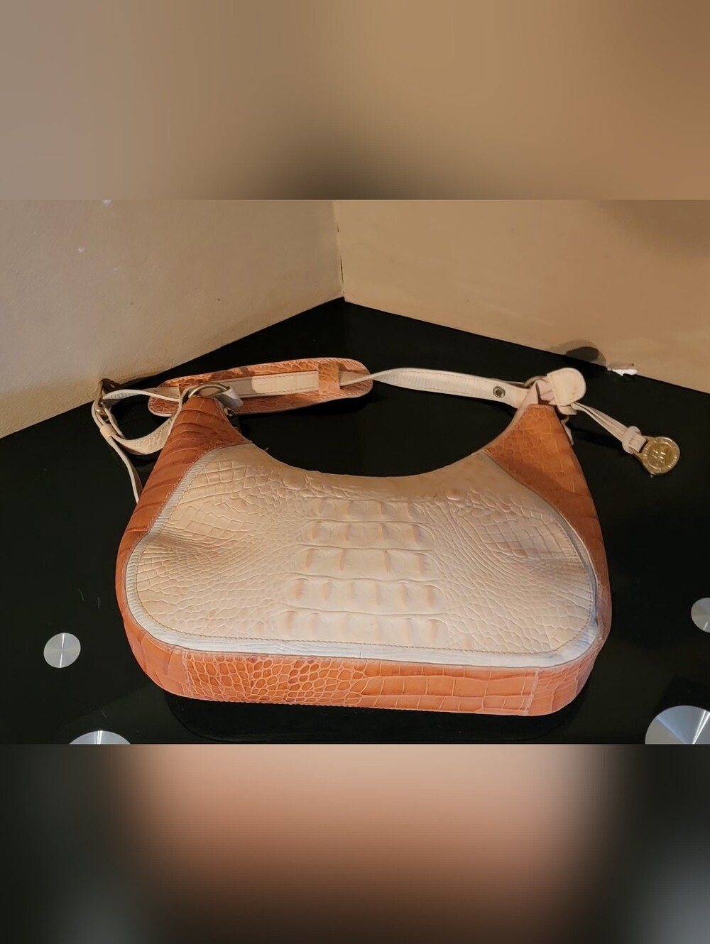BRAHMIN Two-Tone Cream and Tan Croc-Embossed Shoulder Bag - Picture 8 of 16